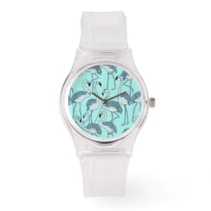 Quirky Striped Turquoise Flamingos Pattern Watch