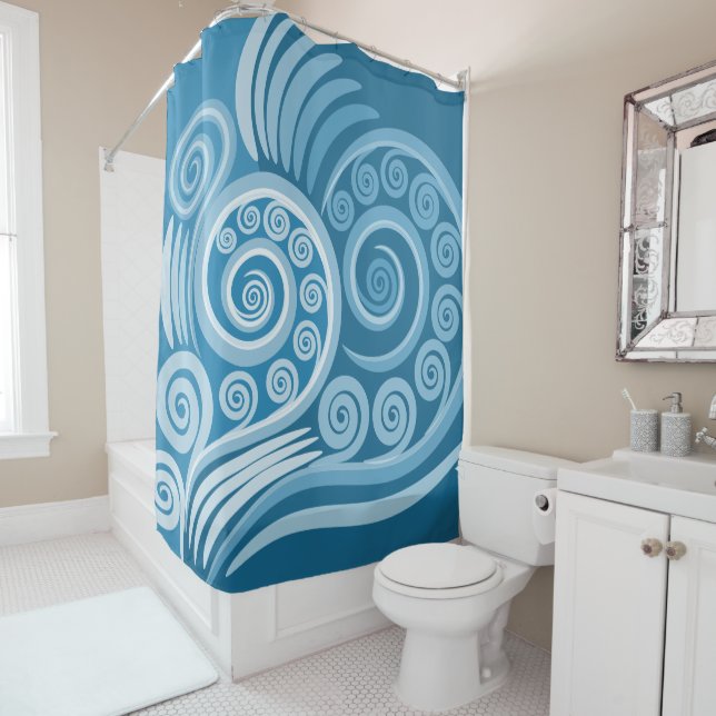 Quirky Summer Blue Curly Swirls Shower Curtain (In Situ)