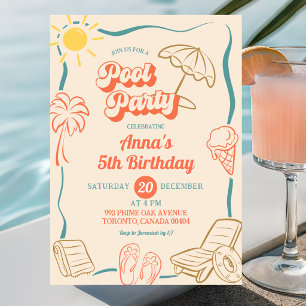 Quirky Summer Theme Pool Party Kids Birthday Invitation