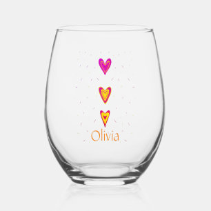 Quirky Sweet Modern 3 Hearts Illustration Stemless Wine Glass