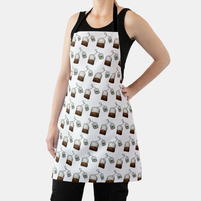 Quirky Tea Bag Pattern on White Apron (Insitu)