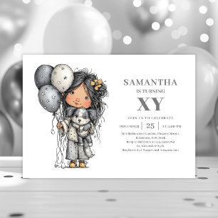 Quirky Teenager Girl Black Gold Birthday Party Invitation