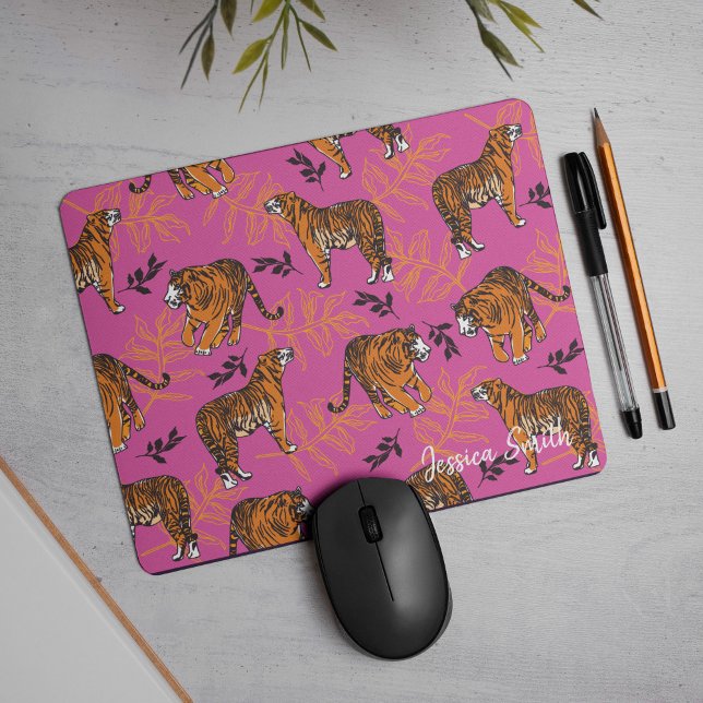 Quirky Tiger Pattern on Bright Pink Mouse Pad (You'll just go totally wild for this “roarsome” tiger pattern on pink, mouse pad.)