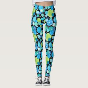 Quirky Turquoise Blue Neon Green Emerald on Black Leggings