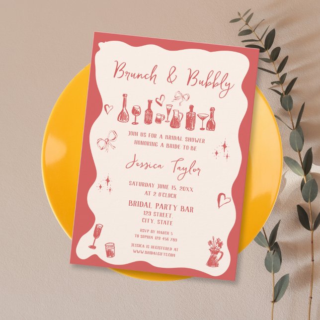 Quirky Unique  Hand Drawn Bridal Brunch and Bubbly Invitation (doodle red and pink cocktail champagne glasses and bottles bridal shower)