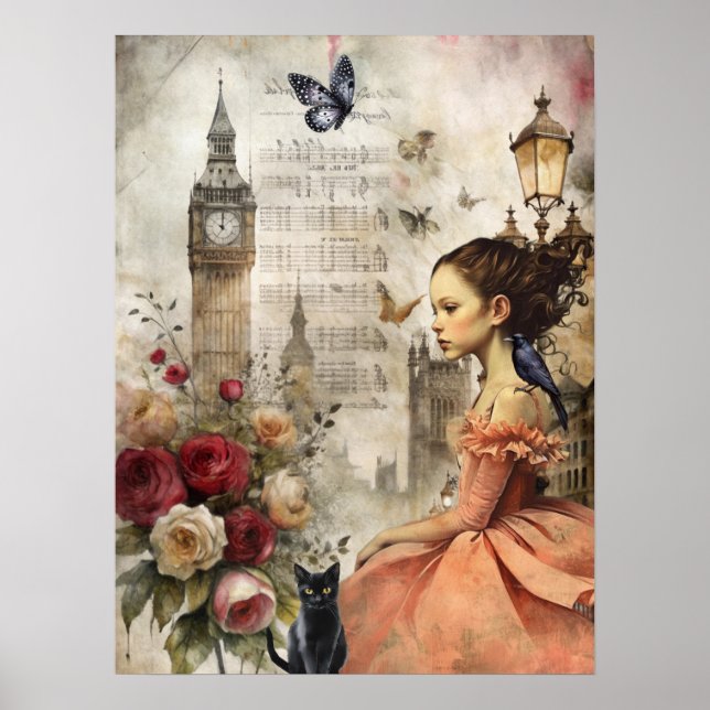 Quirky Victorian Gothic Girl & Florals London Poster (Front)