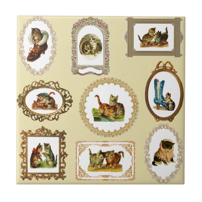 Quirky Vintage Framed Cats Pattern Ceramic Tile (Front)