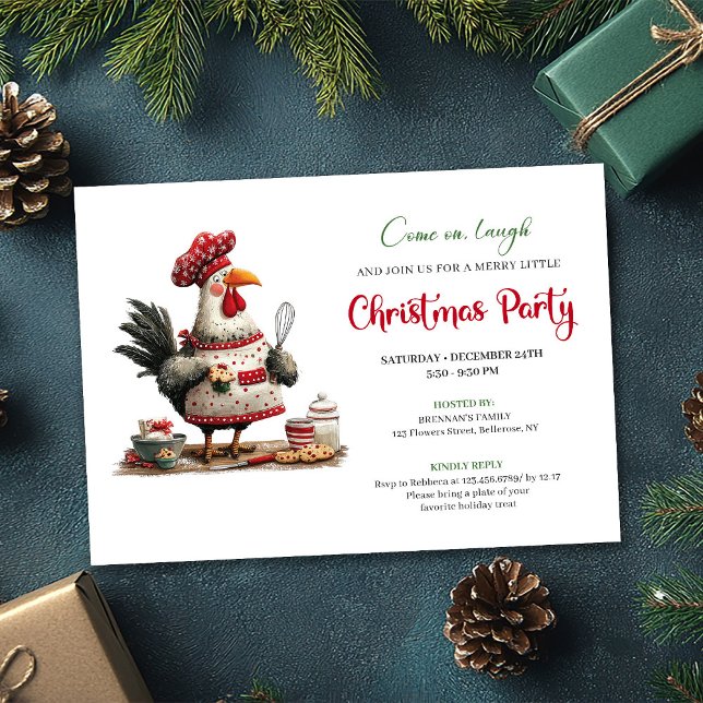 Quirky Watercolor Chicken Festive Holiday Invite (Quirky Watercolor Chickens Festive Holiday Invitation)