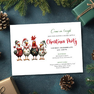 Quirky Watercolor Chickens Red Green Christmas  Invitation