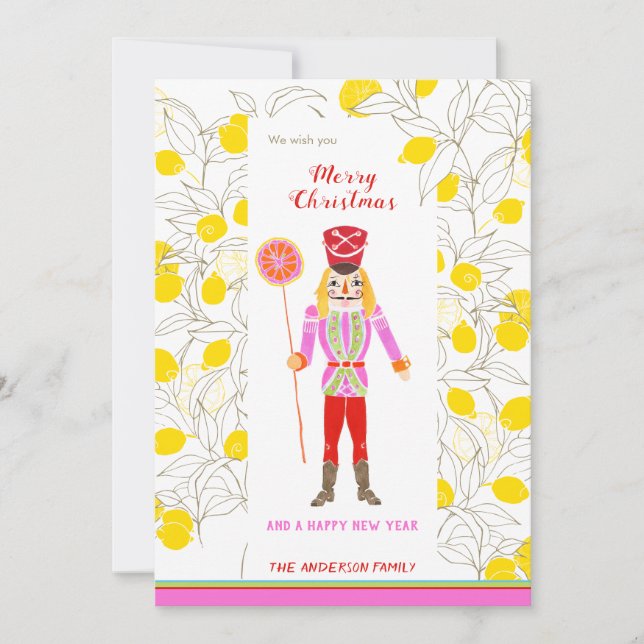 Quirky Watercolor Nutcracker Loves Lemons   Holiday Card (Front)