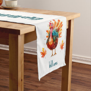 Quirky Watercolor Turkey Thanksgiving Short Table Runner