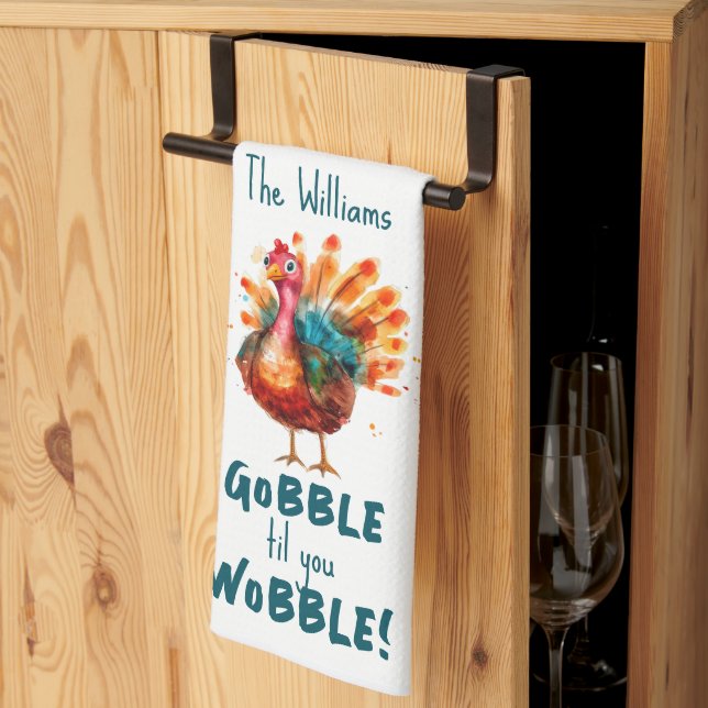 Quirky Watercolor Turkey Thanksgiving Tea Towel (Thirds Fold)