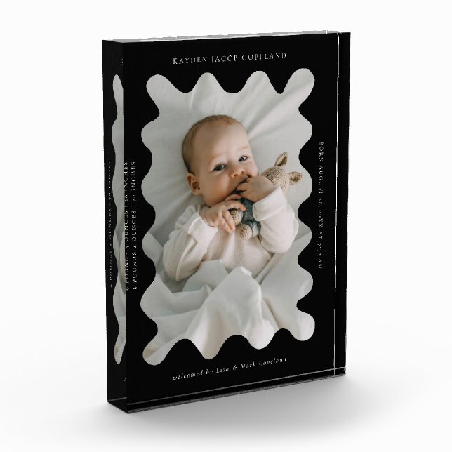 Quirky Wavy Frame Newborn Keepsake Black Photo Block (Left)