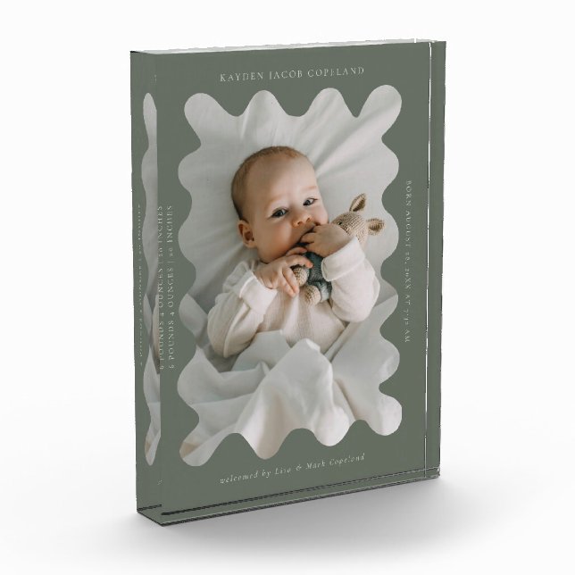 Quirky Wavy Frame Newborn Keepsake Green Photo Block (Left)