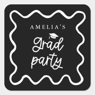 Quirky Wavy Line Black Grad Party Favor Square Sticker