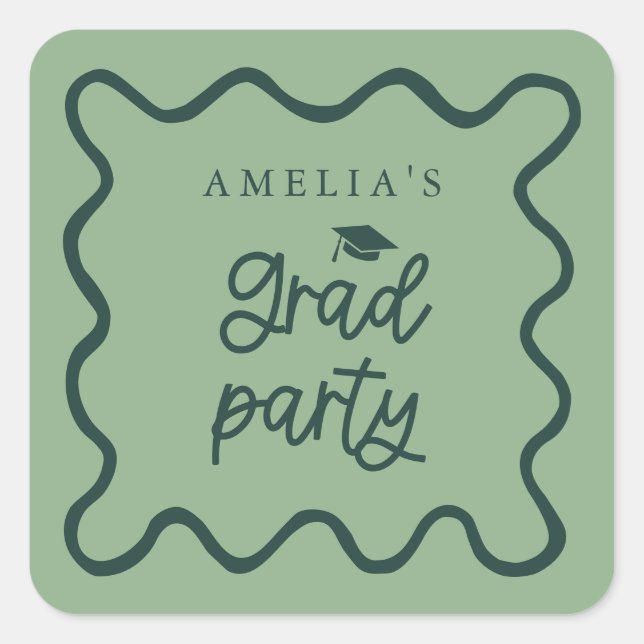 Quirky Wavy Line Green Grad Party Favour Square Sticker (Front)
