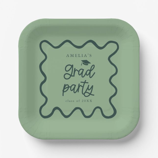 Quirky Wavy Line Green Grad Party Paper Plate (Front)