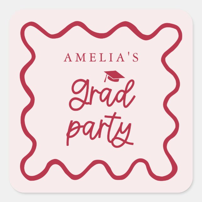 Quirky Wavy Line Red Grad Party Favour Square Sticker (Front)