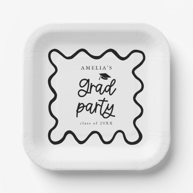 Quirky Wavy Line White Grad Party Paper Plate (Front)