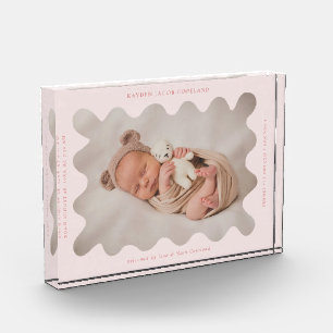 Quirky Wavy Pink Frame Newborn Keepsake Photo Block