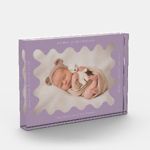 Quirky Wavy Purple Frame Newborn Keepsake Photo Block