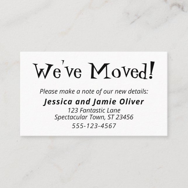 Quirky "We've Moved" White Hand-Out Cards (Front)