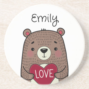 Quirky, Whimsical Bear With Heart Drawing Coaster