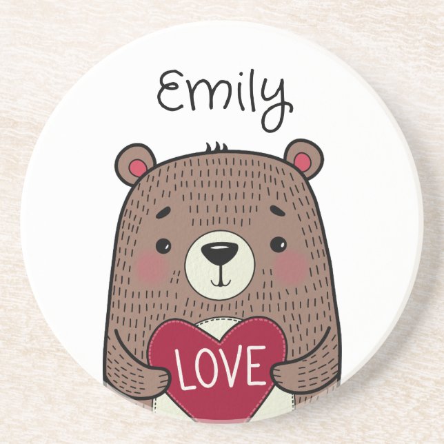 Quirky, Whimsical Bear With Heart Drawing Coaster (Front)