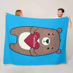 Quirky, Whimsical Bear With Heart Drawing Custom Fleece Blanket