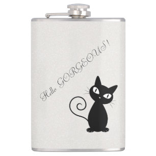 Quirky Whimsical Black Cat Glittery-Hello Gorgeous Hip Flask