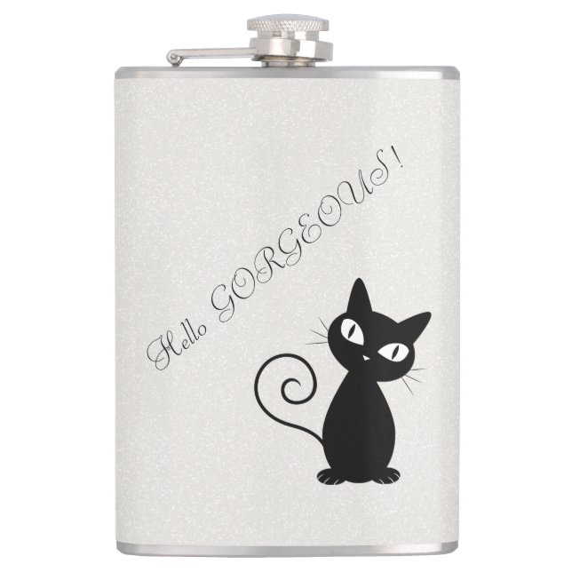 Quirky Whimsical Black Cat Glittery-Hello Gorgeous Hip Flask (Front)