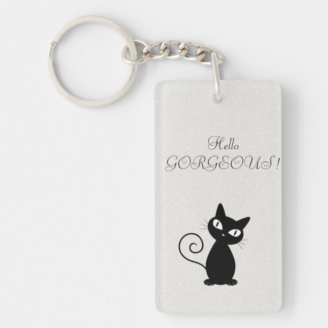 Quirky Whimsical Black Cat Glittery-Hello Gorgeous Key Ring (Front)