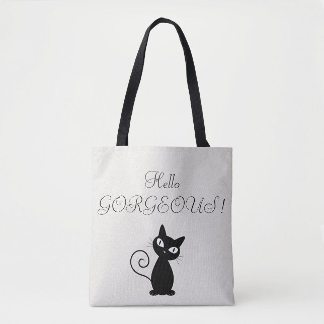 Quirky Whimsical Black Cat Glittery-Hello Gorgeous Tote Bag (Front)