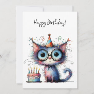 Quirky Whimsical Cat Party Hat Cake Birthday Card