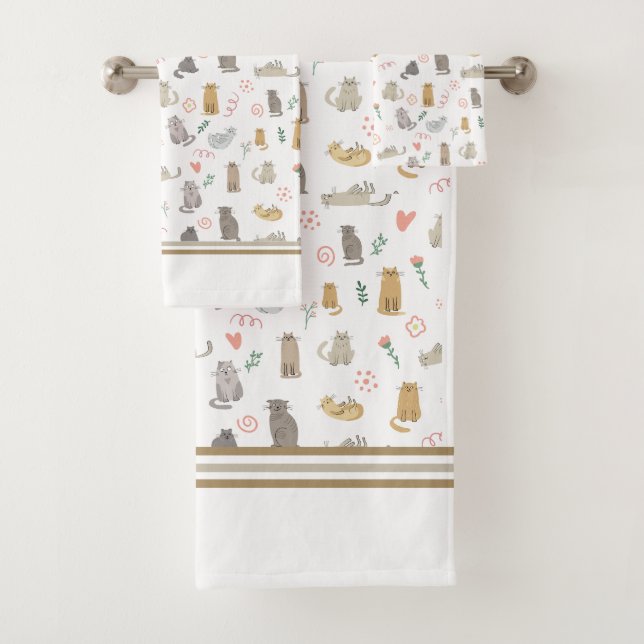 Quirky Whimsical Cats Pattern Illustration  Bath Towel Set (Insitu)