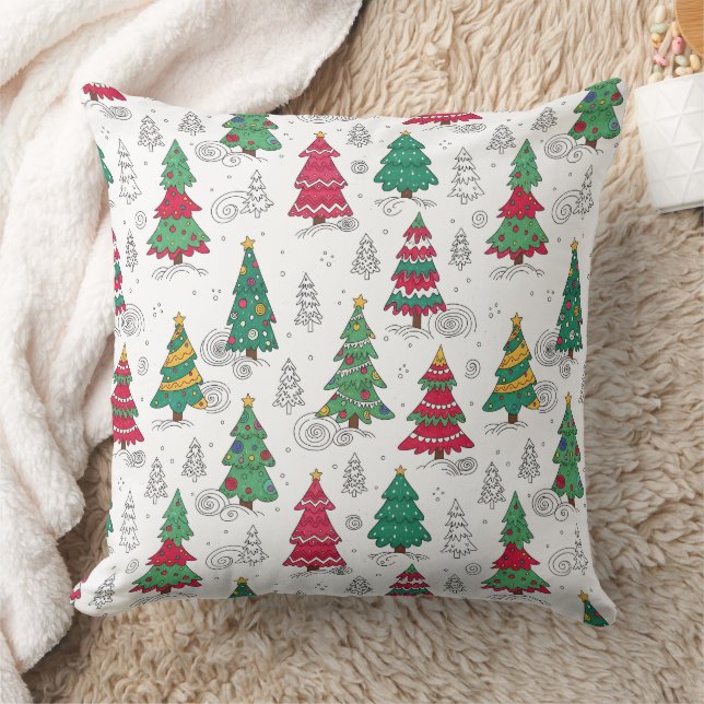 Quirky Whimsical Decorated Christmas Trees Doodles Cushion (Blanket)