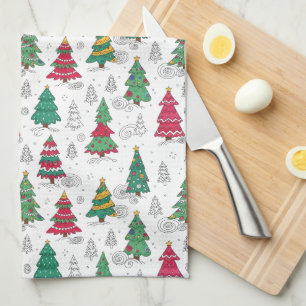 Quirky Whimsical Decorated Christmas Trees Doodles Tea Towel