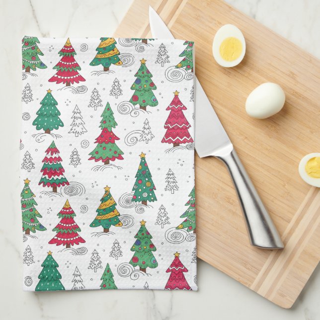Quirky Whimsical Decorated Christmas Trees Doodles Tea Towel (Quarter Fold)