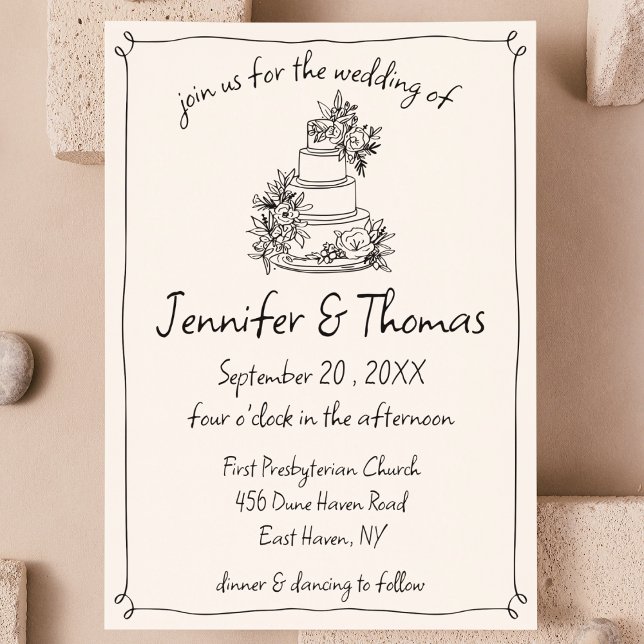 Quirky Whimsical Hand Drawn Cake Doodle Wedding Invitation (eclectic quirky hand drawn wedding invitation doodle sketch handwritten unique wedding invite cute)