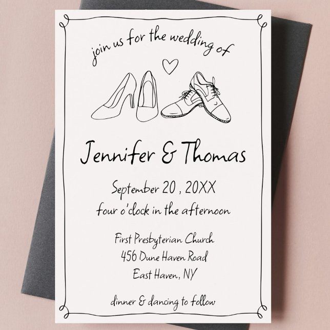 Quirky Whimsical Hand Drawn Doodle Shoes Wedding Invitation (quirky whimsical hand drawn doodle scribble wedding invitation wedding shoes handwritten black cute)