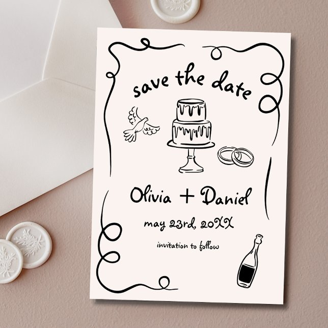 Quirky Whimsical Hand Drawn Wedding French Save The Date (Creator Uploaded)