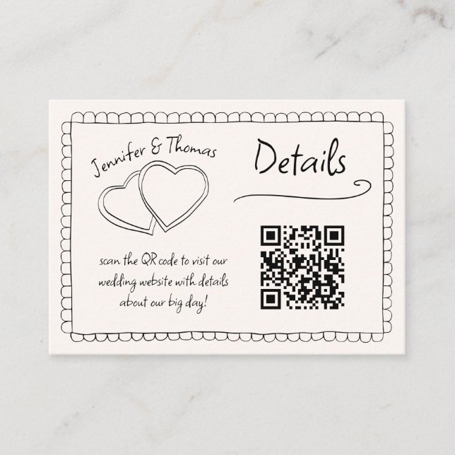 Quirky Whimsical Hand Drawn Wedding QR Code Detail Enclosure Card (Front)