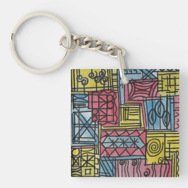 Quirky-Whimsical Hand Painted Abstract Art Key Ring (Front)