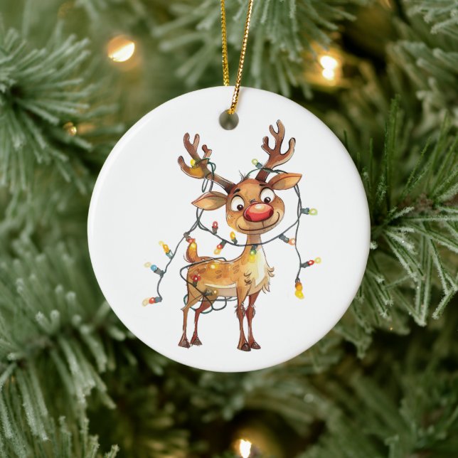 Quirky Whimsical Reindeer with Tree Lights Ceramic Ornament (Tree)