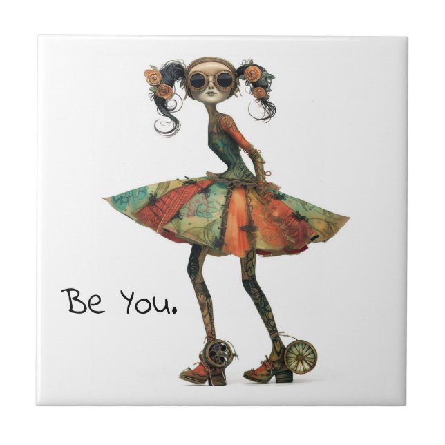Quirky Whimsical Woman - Be You. Ceramic Tile (Front)