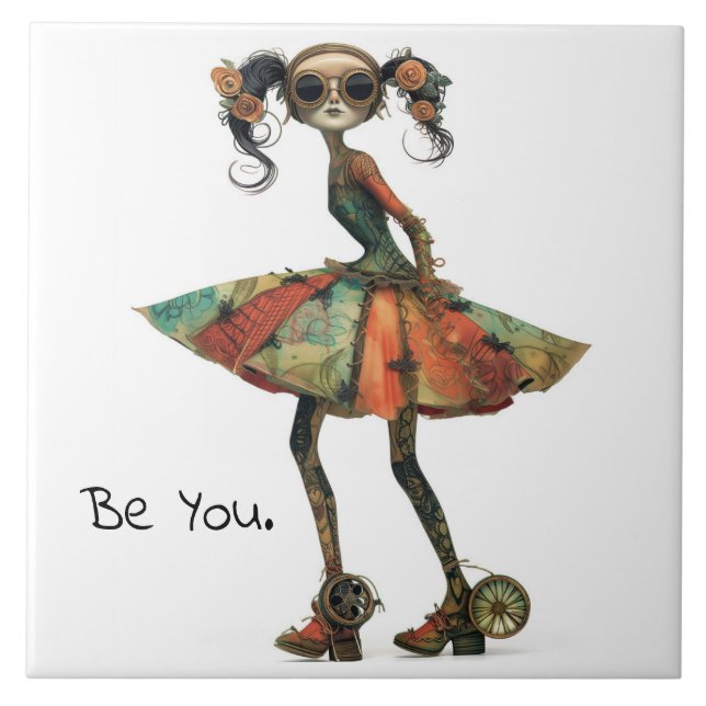 Quirky Whimsical Woman - Be You. Ceramic Tile (Front)