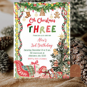 Quirky Whimsy Oh Christmas THREE birthday Invitation