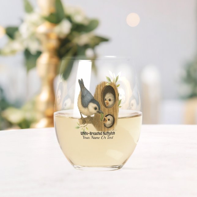 Quirky White-Breasted Nuthatch Stemless Wine Glass (Insitu (Wedding))