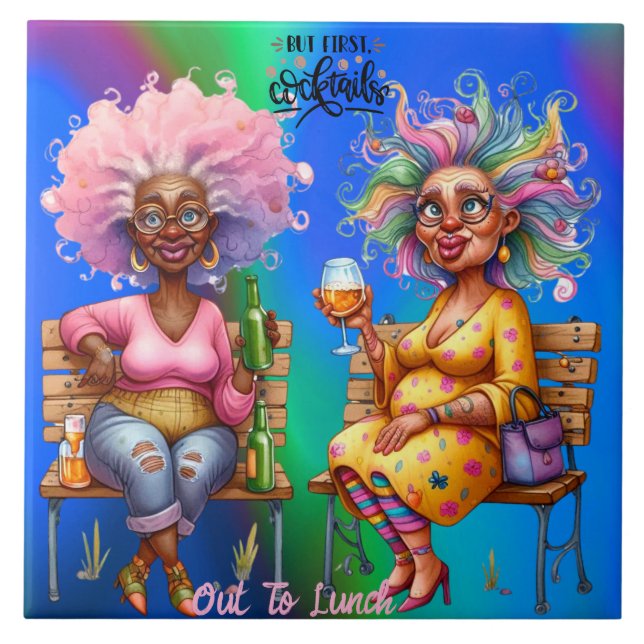 Quirky Wine Ladies But First Ceramic Tile (Front)
