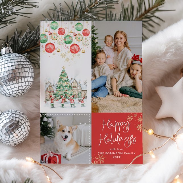 Quirky Winter Village Merry Christmas Red 2 Photo Holiday Card (Creator Uploaded)